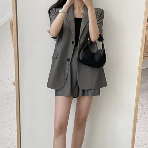Two Button Short Sleeve Blazer Top Suit Shorts Set