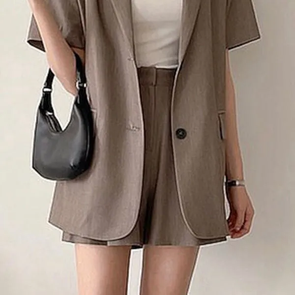 Two Button Short Sleeve Blazer Top Suit Shorts Set