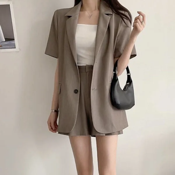Two Button Short Sleeve Blazer Top Suit Shorts Set