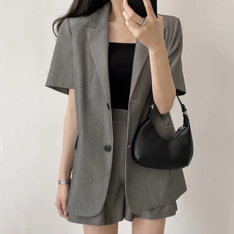 Two Button Short Sleeve Blazer Top Suit Shorts Set