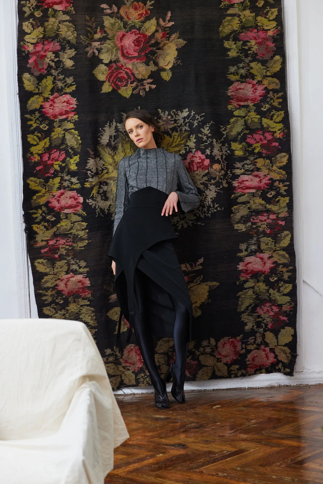 Unique Asymmetric Draped Skirt With Fringe Black