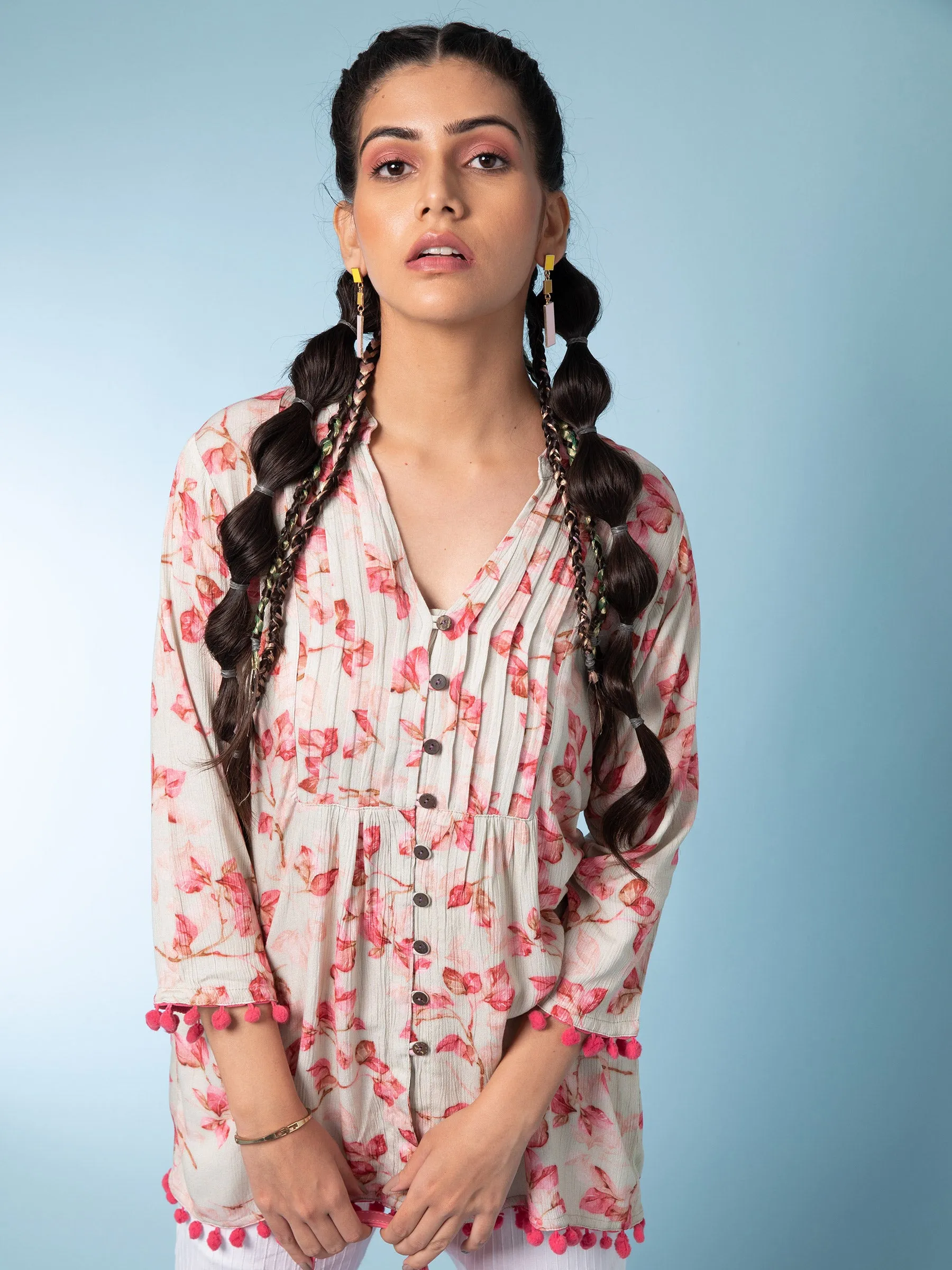 Women Cream V-Neck Printed Tunic