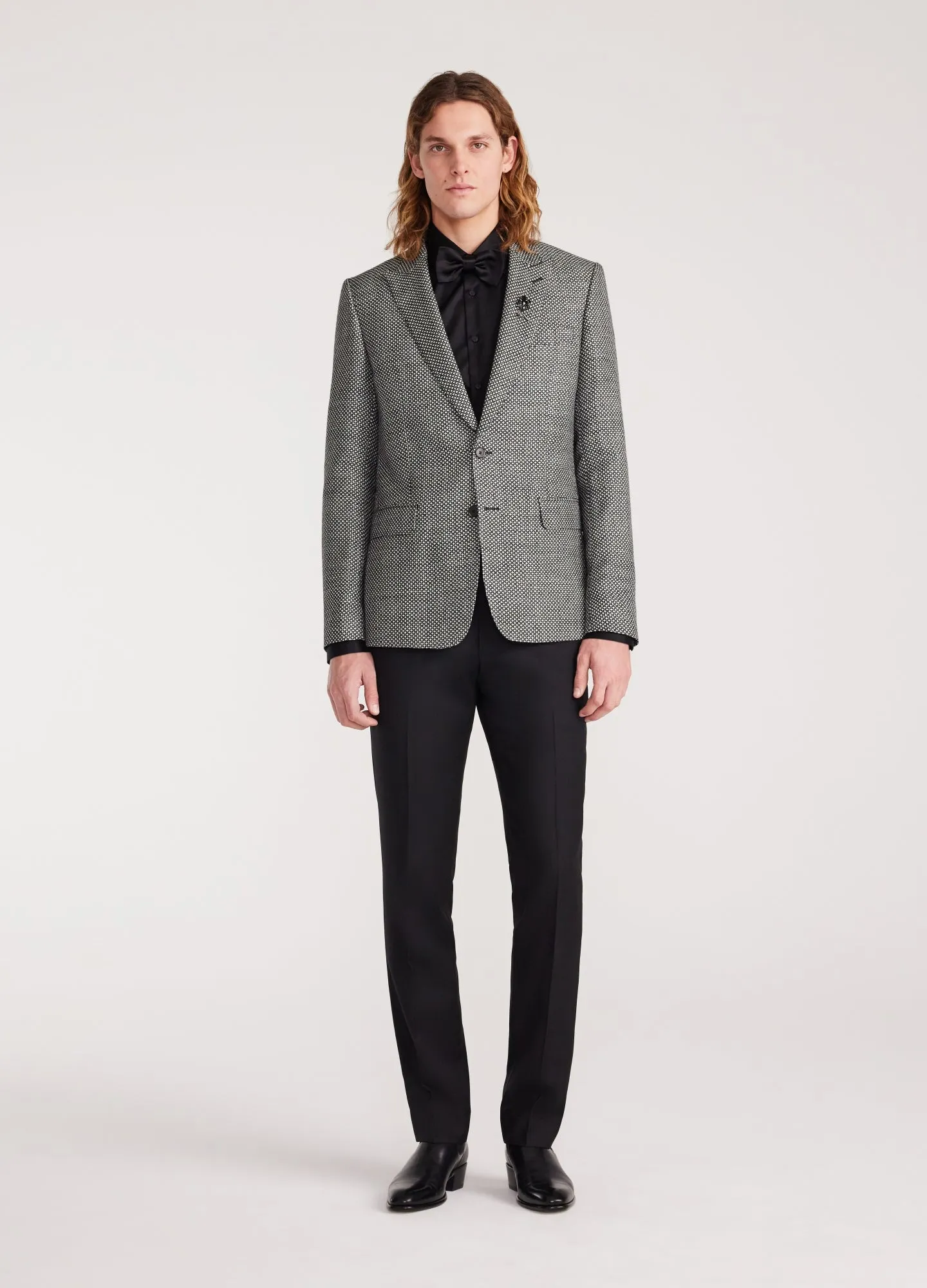 Wool Silk Linen Check Blazer Black