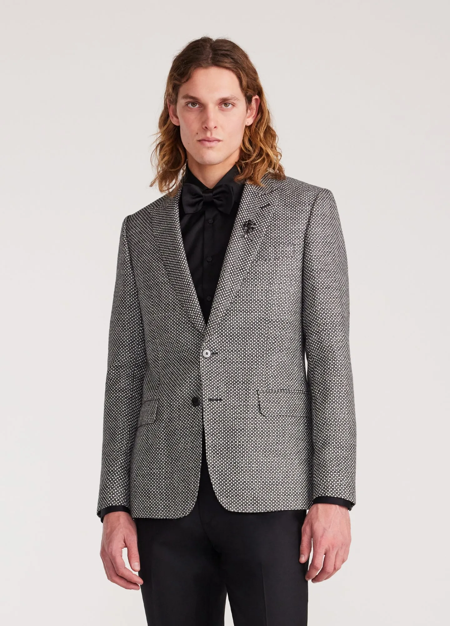 Wool Silk Linen Check Blazer Black